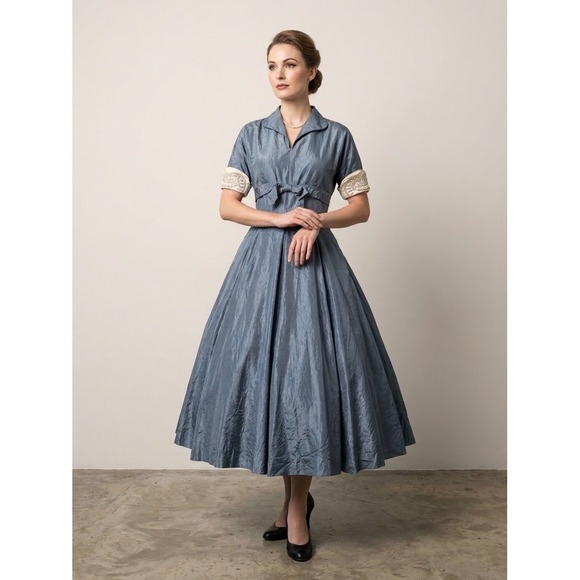 Leslie Fay Dresses & Skirts - Vintage 1950s Leslie Fay Blue Satin Fit Flare Dress Pearl Cuffs Pockets 50s